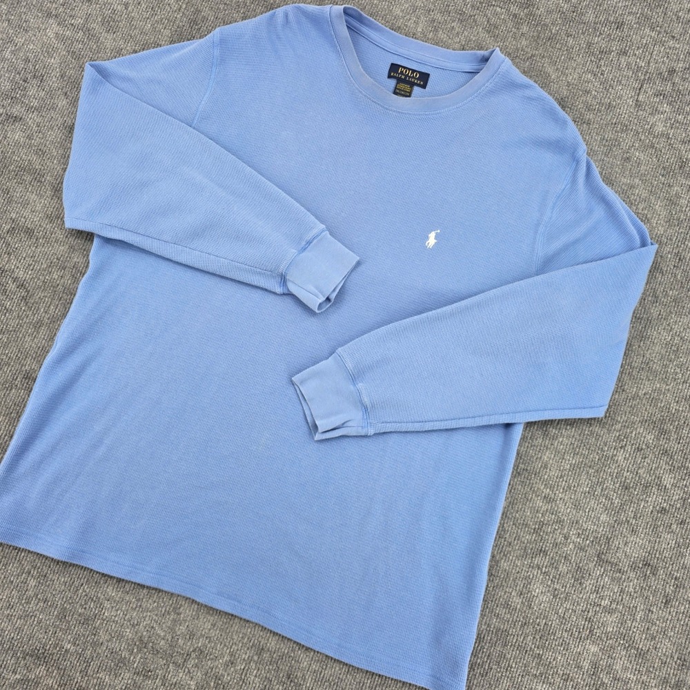 Polo Ralph Lauren Mens 2XL Blue Waffle Knit Thermal Long Sleeve Shirt Pony Logo